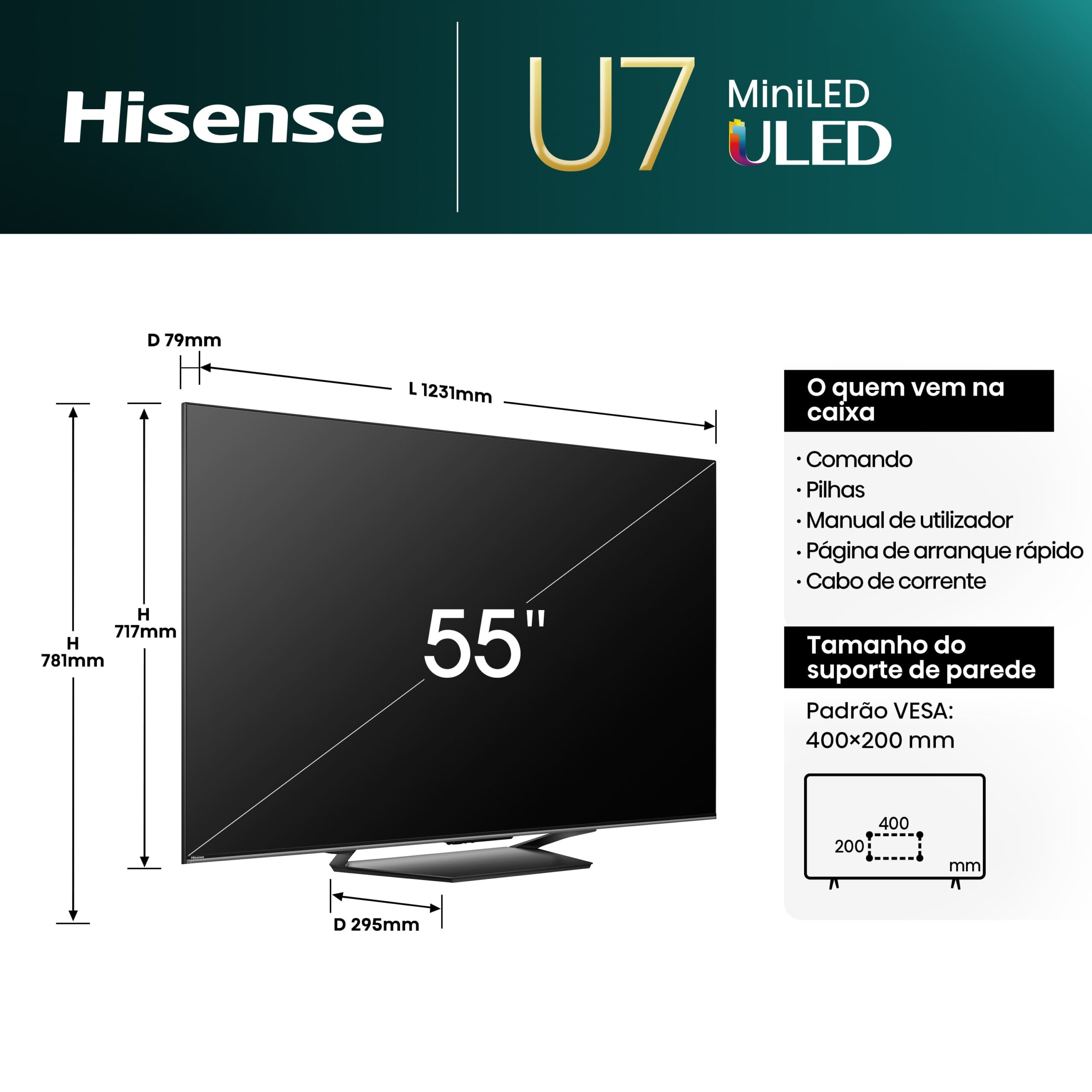 Hisense - Mini-LED TV 55U7NQ, Quantum Dot Colour, Modo Jogo de 144Hz, Full Array Local Dimming