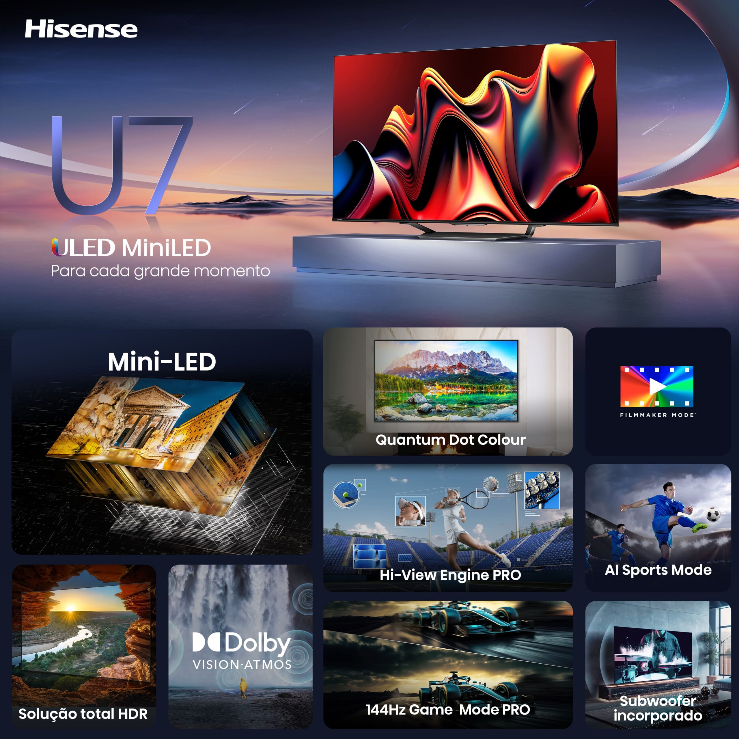 Hisense - Mini-LED TV 55U7NQ, Quantum Dot Colour, Modo Jogo de 144Hz, Full Array Local Dimming