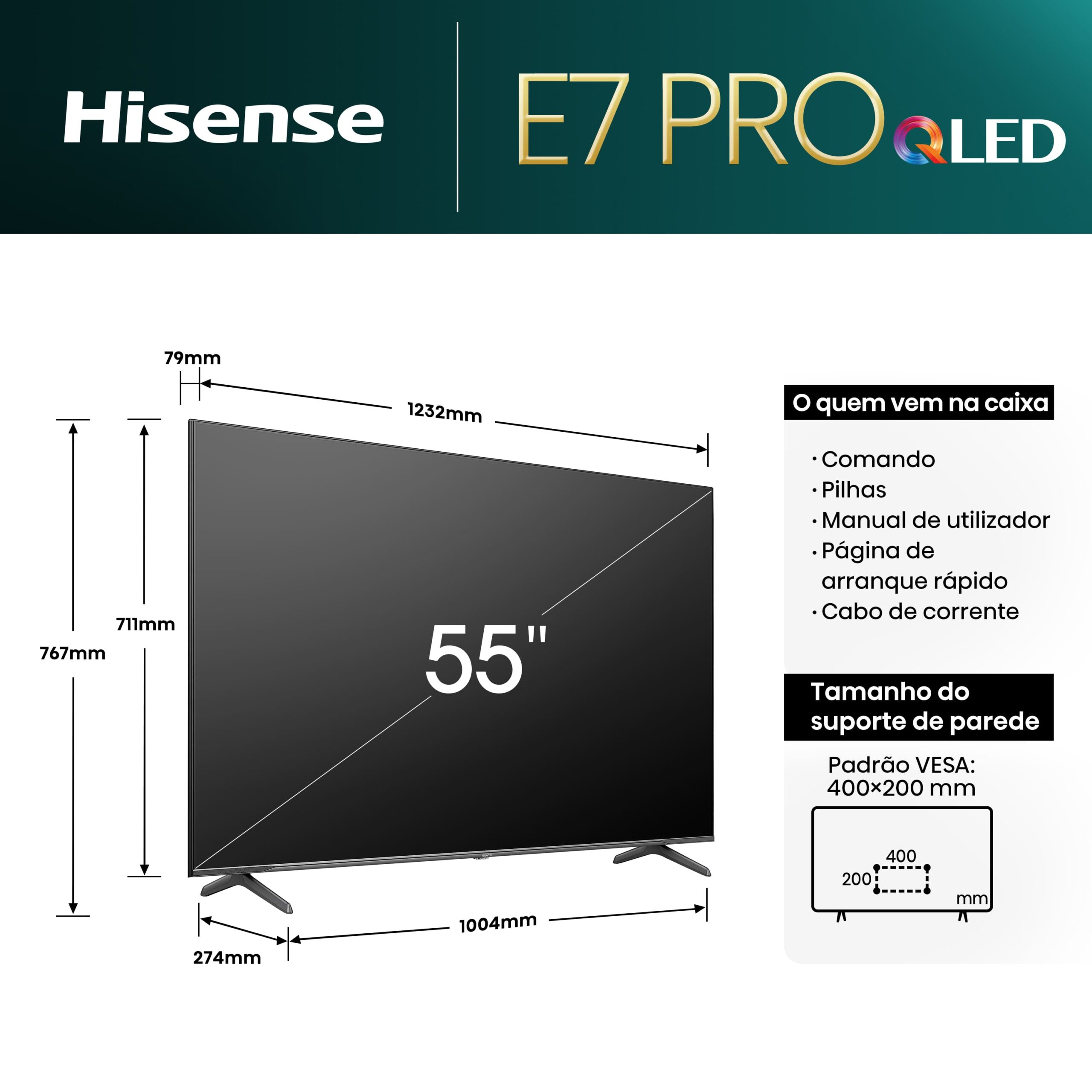 Hisense - QLED 55E7NQ Pro, Gaming TV, Modo Jogo de 144Hz, FALD, AMD Freesync Premium Pro