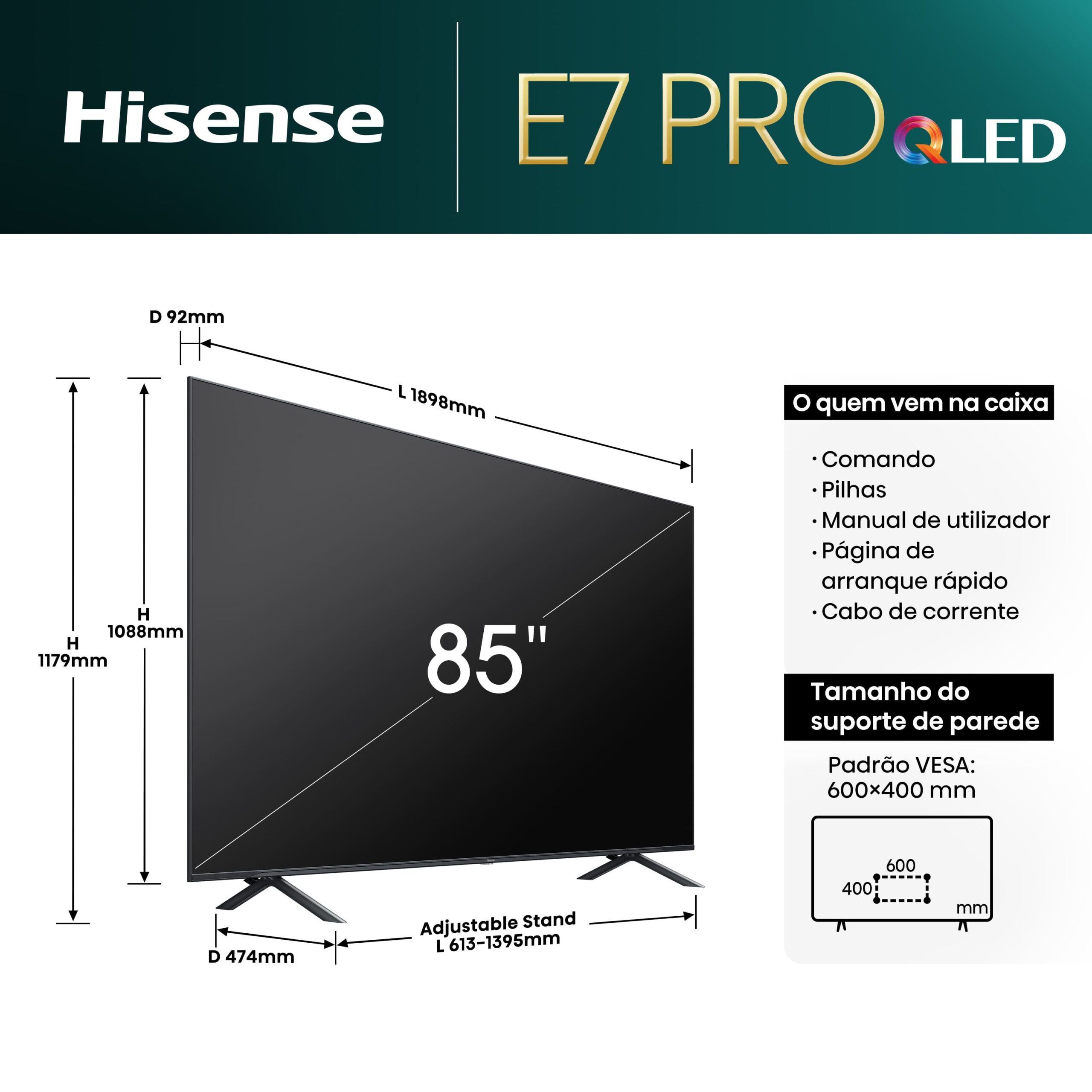 Hisense - QLED 85E7NQ Pro, Gaming TV, Modo Jogo de 144Hz, FALD, AMD Freesync Premium Pro