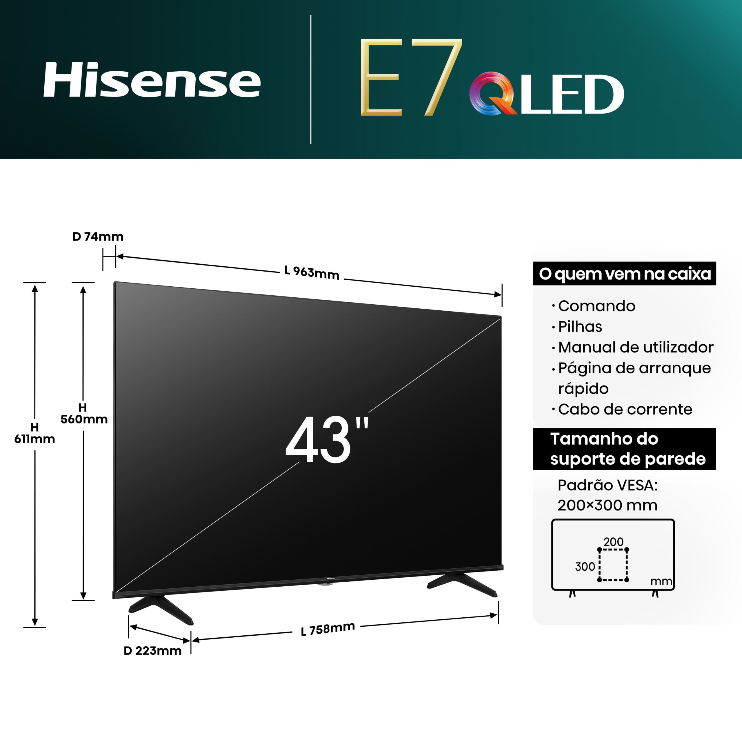 Hisense - QLED TV 43E7NQ Smart TV, Quantum Dot Colour, Dolby Vision & Atmos, Alexa Built in & VIDAA Voice