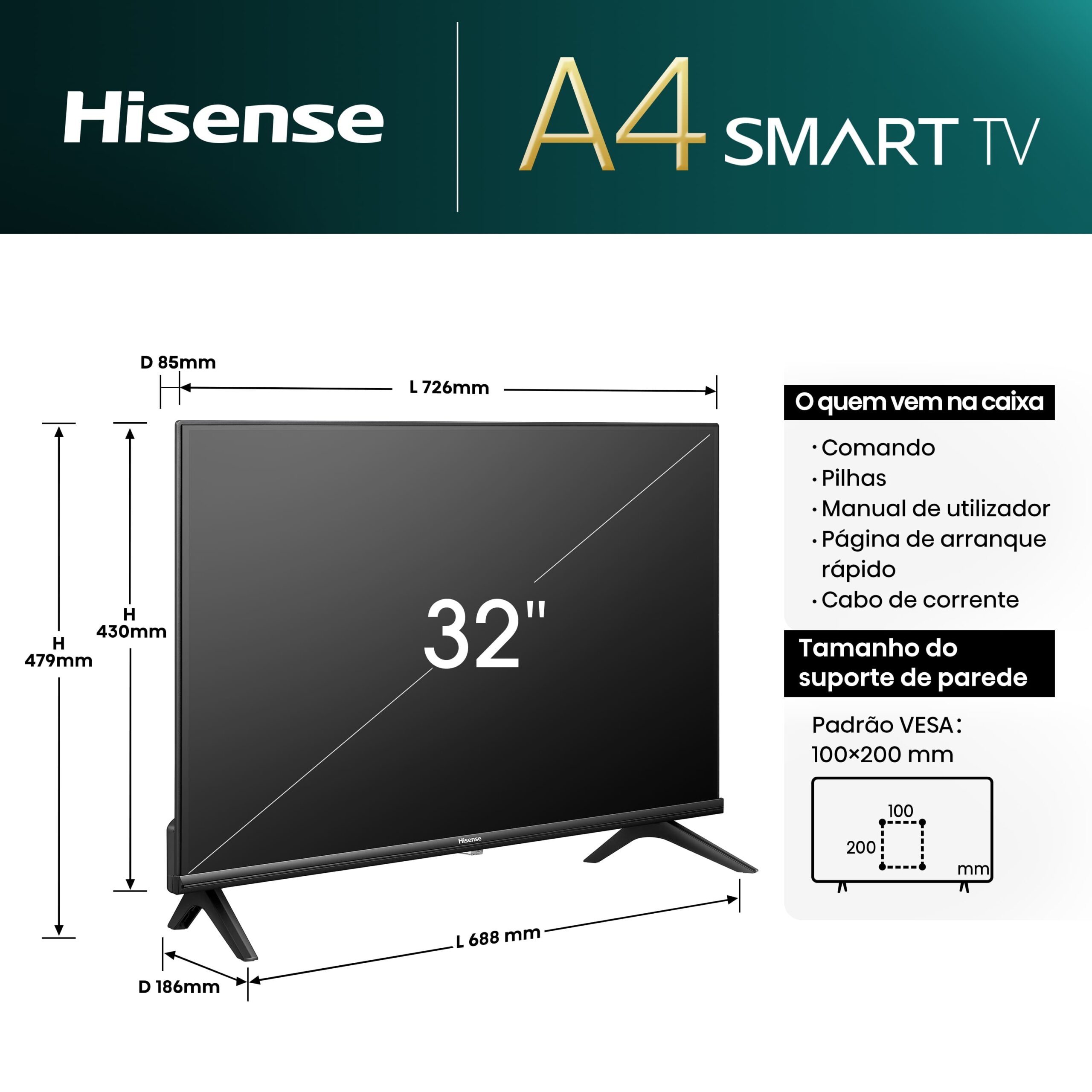 Hisense - Smart TV HD 32A4N 32 polegadas, TV com Modo Jogo, DVB-T2