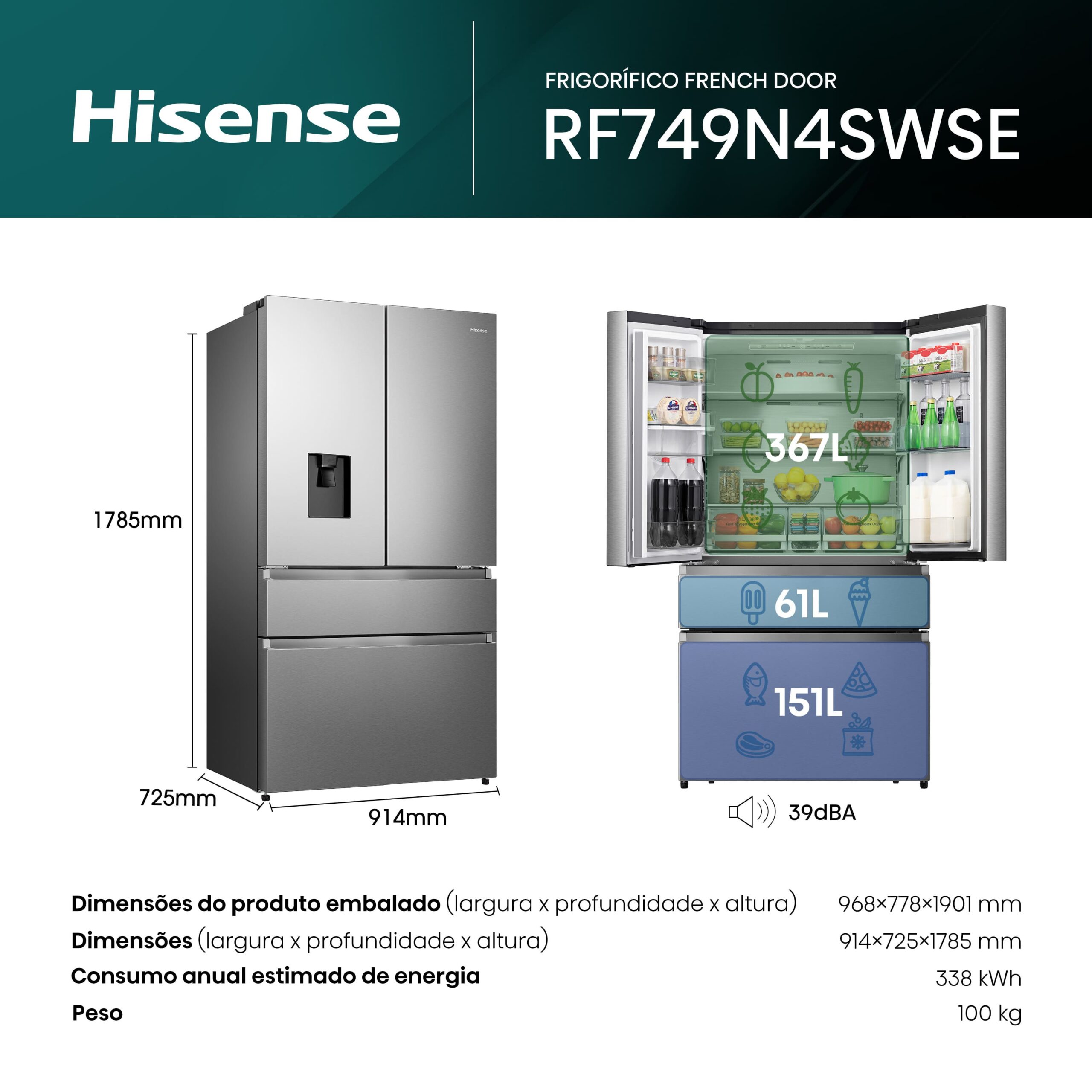 Hisense - RF749N4SWSE – Frigorífico Americano French Door, Classe E, 579L