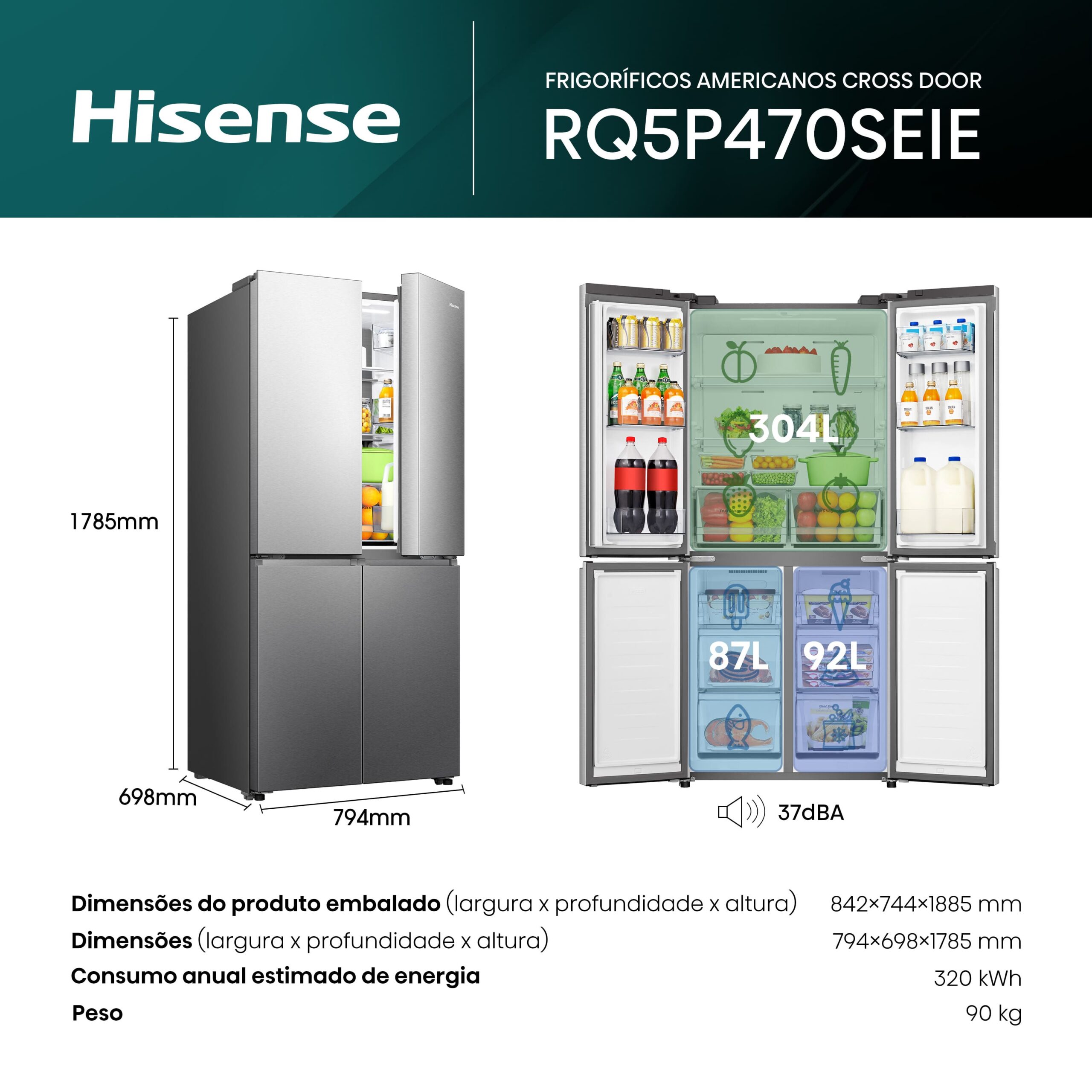 Hisense - RQ5P470SEIE – Frigorífico Americano Cross Door, Classe E, 483L