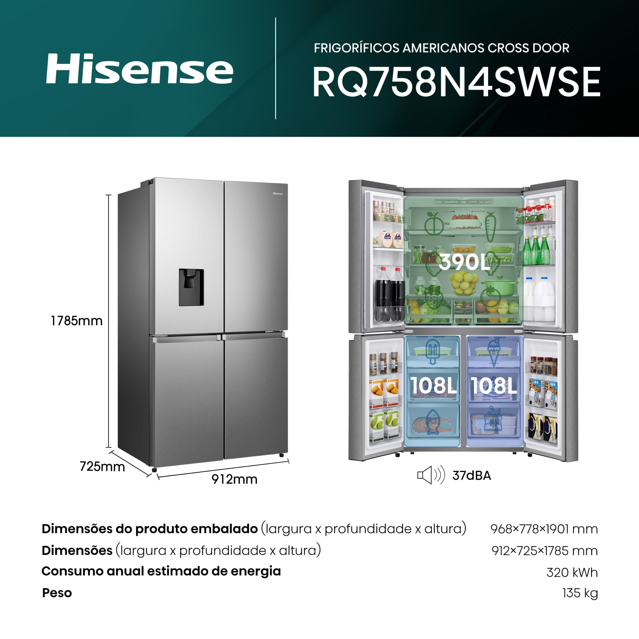 Hisense - RQ758N4SWSE – Frigorífico Americano Cross Door, Classe E, 606L