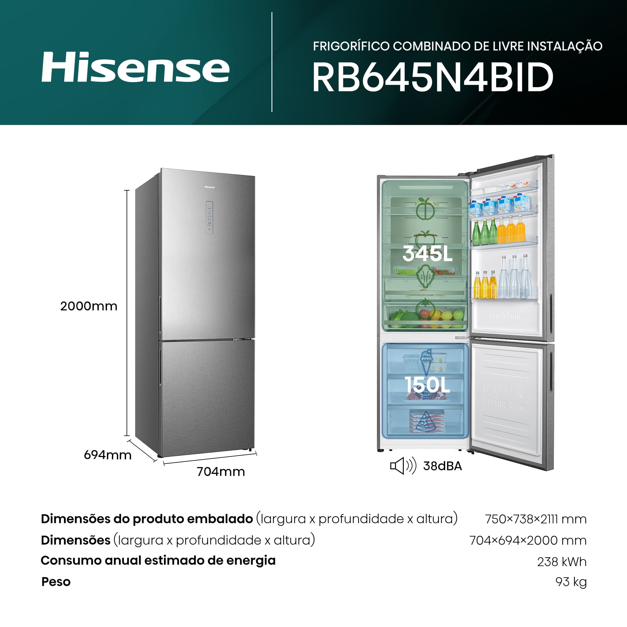 Hisense - RB645N4BID – Combinado 2 Portas, Classe D, 495L