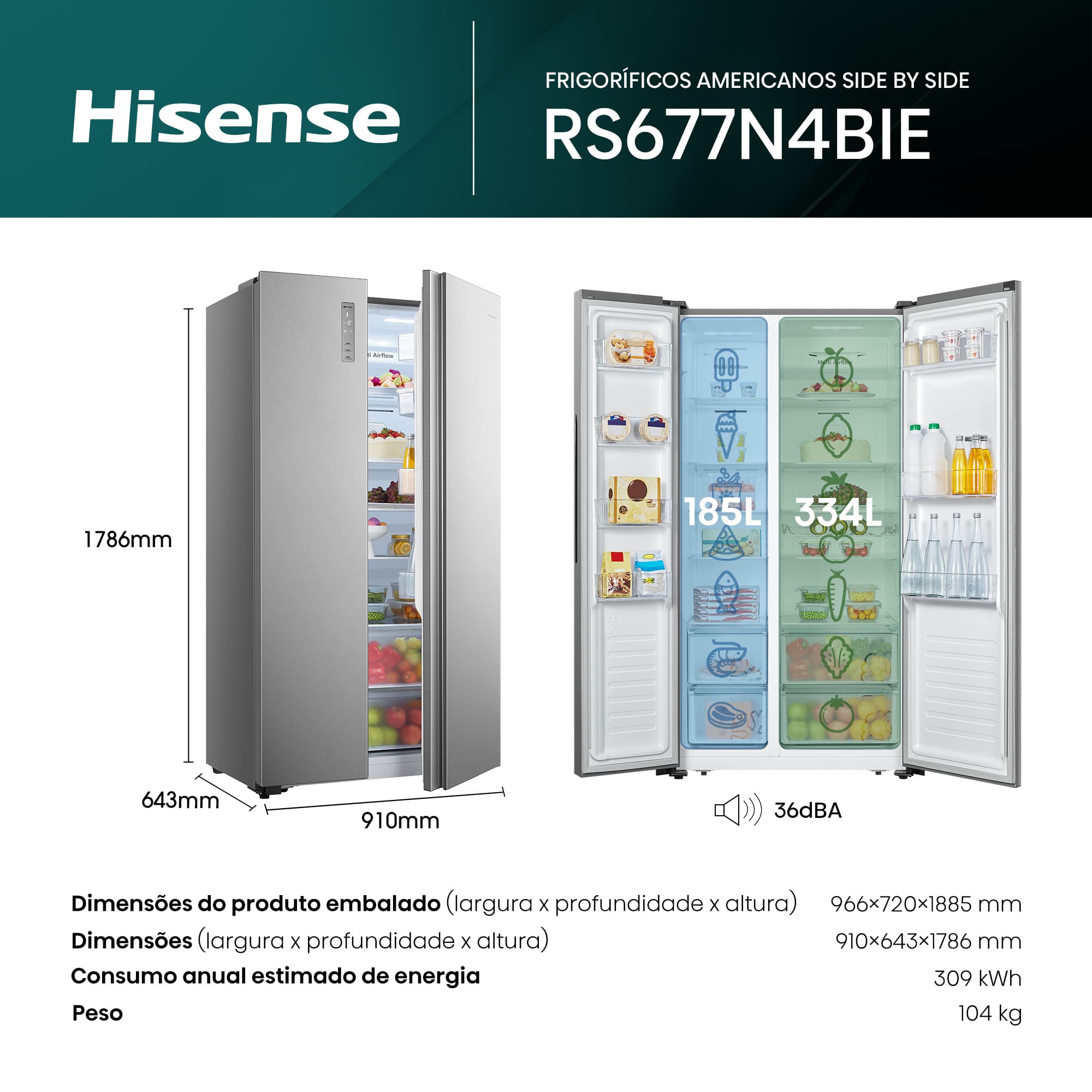 Hisense - RS677N4BIE – Frigorífico Americano Side By Side, Classe E, 519L