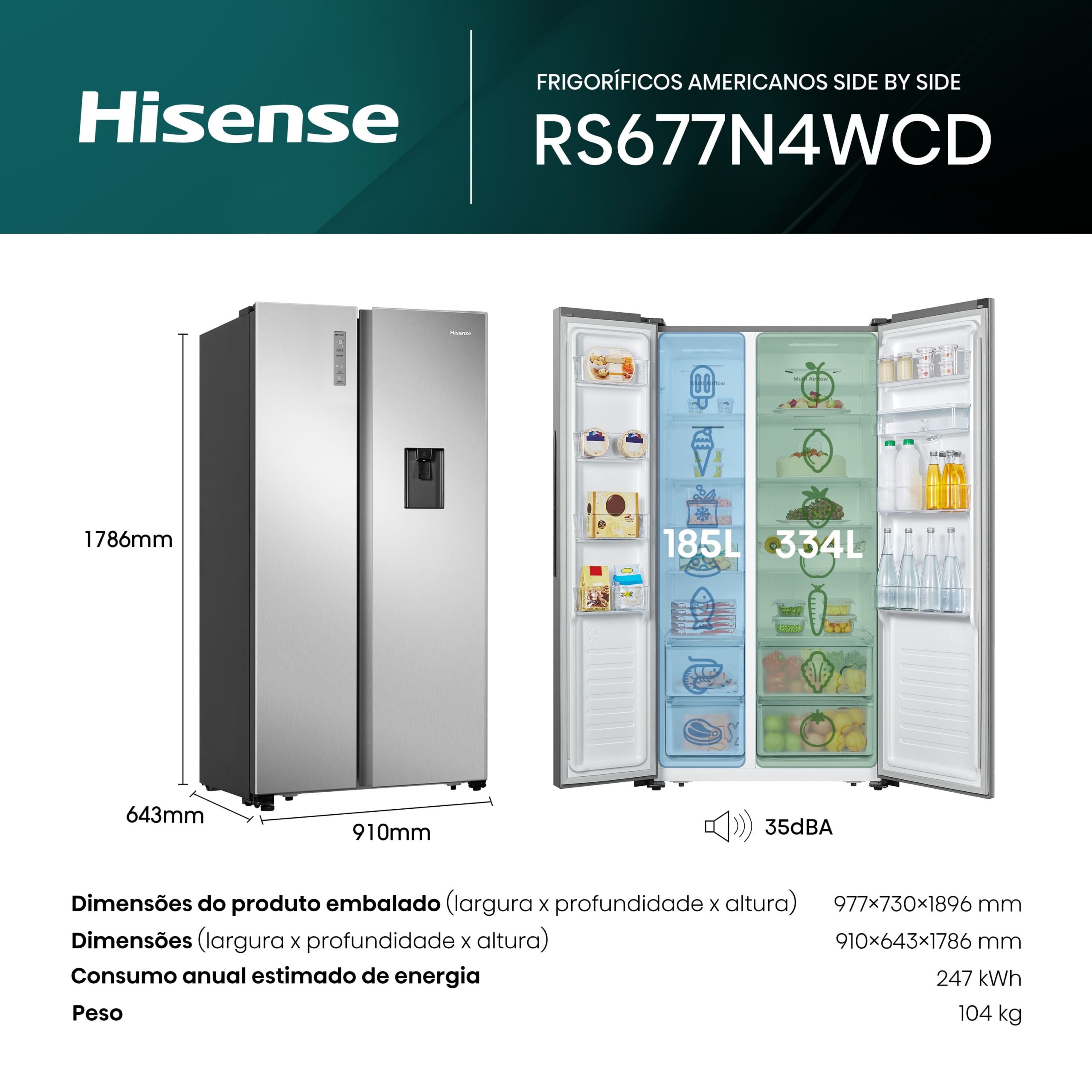 Hisense - RS677N4WCD – Frigorífico Americano Side By Side, Classe E, 519L