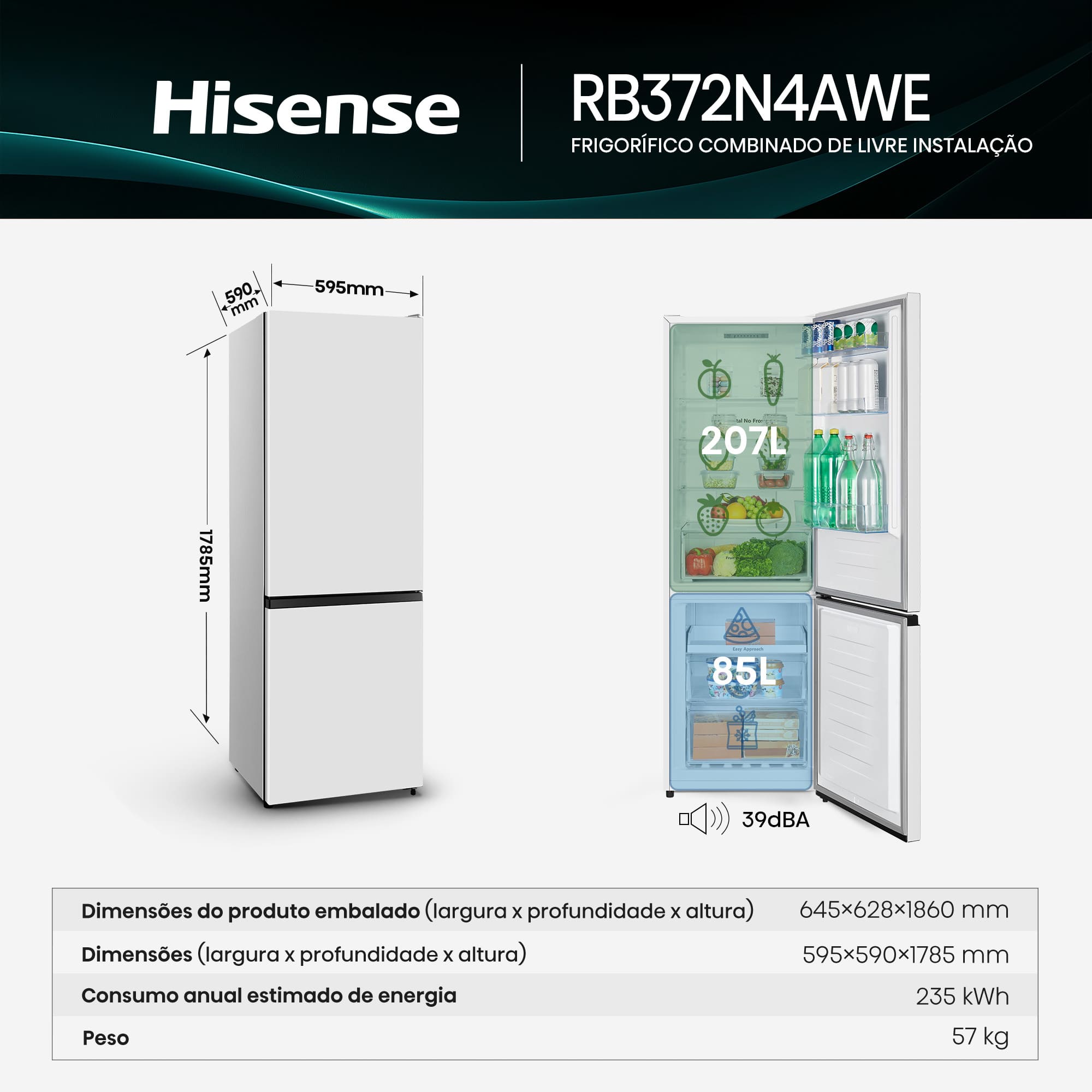 Hisense - RB372N4AWE – Combinado 2 Portas, Classe E, 292L