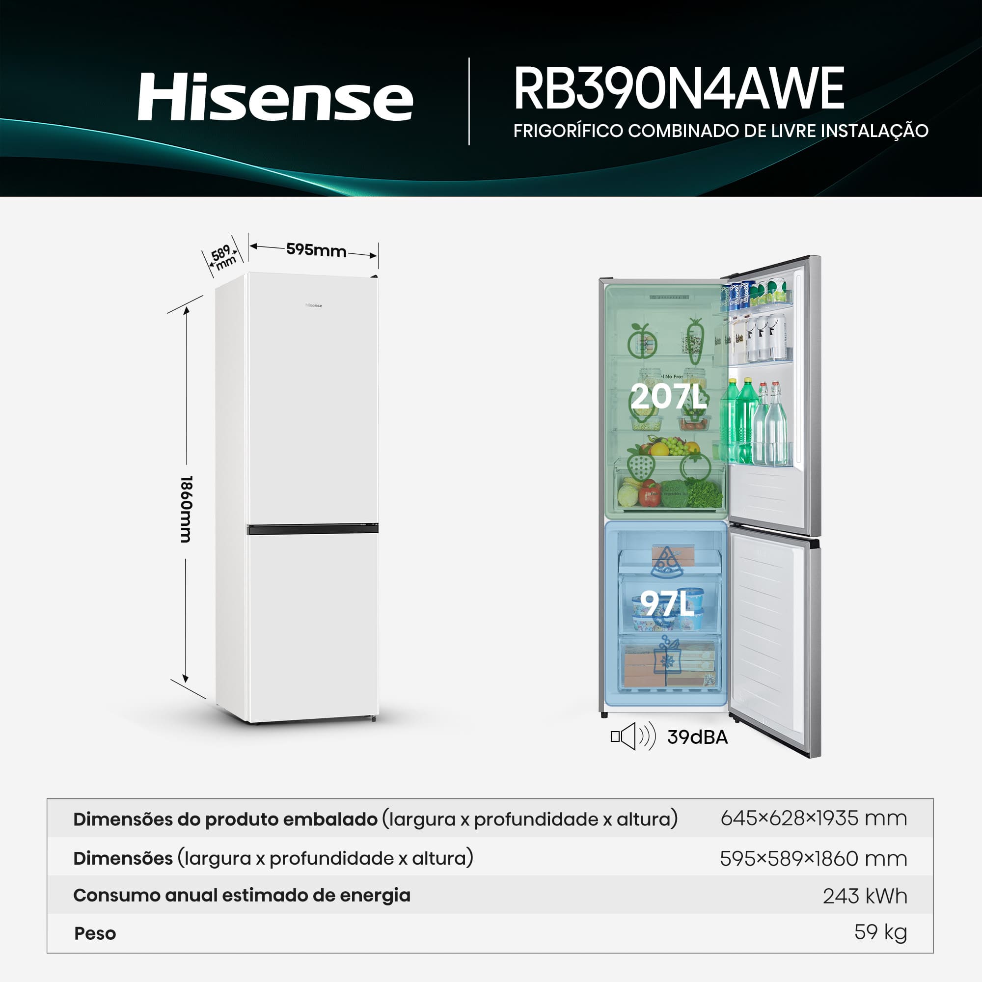 Hisense - RB390N4AWE – Combinado 2 Portas, Classe E, 304L