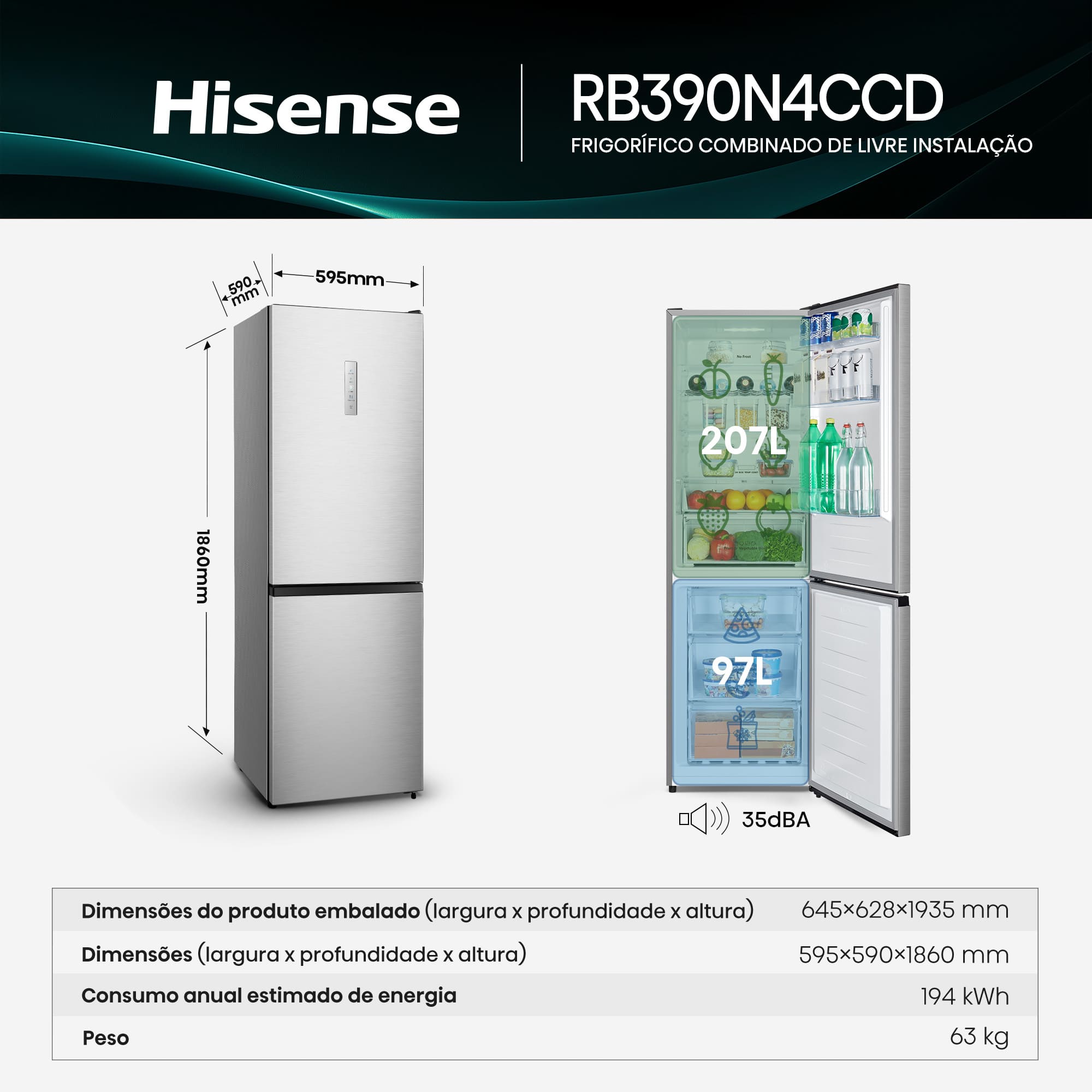 Hisense - RB390N4CCD – Combinado 2 Portas, Classe D, 304L