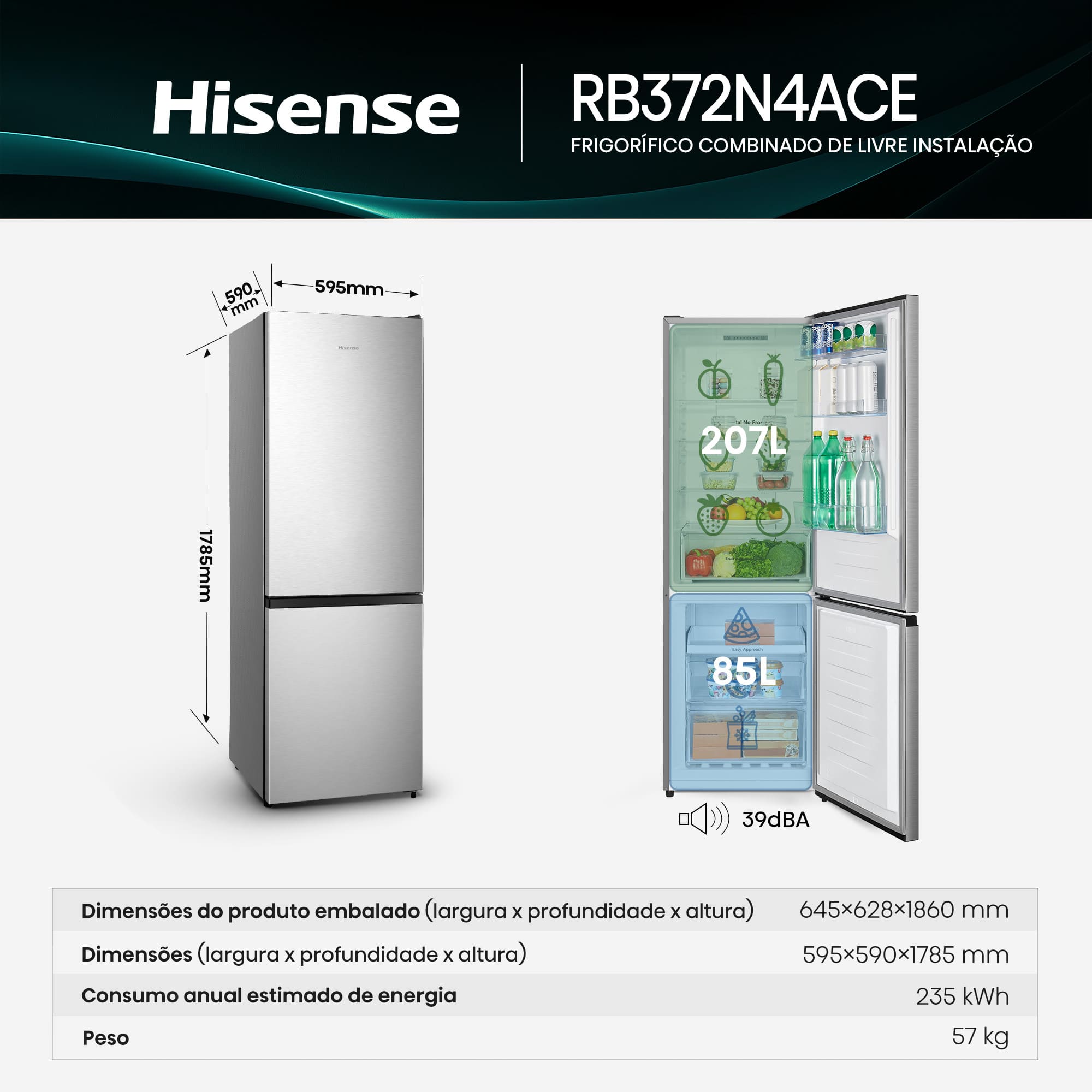 Hisense - RB372N4ACE – Combinado 2 Portas, Classe E, 292L