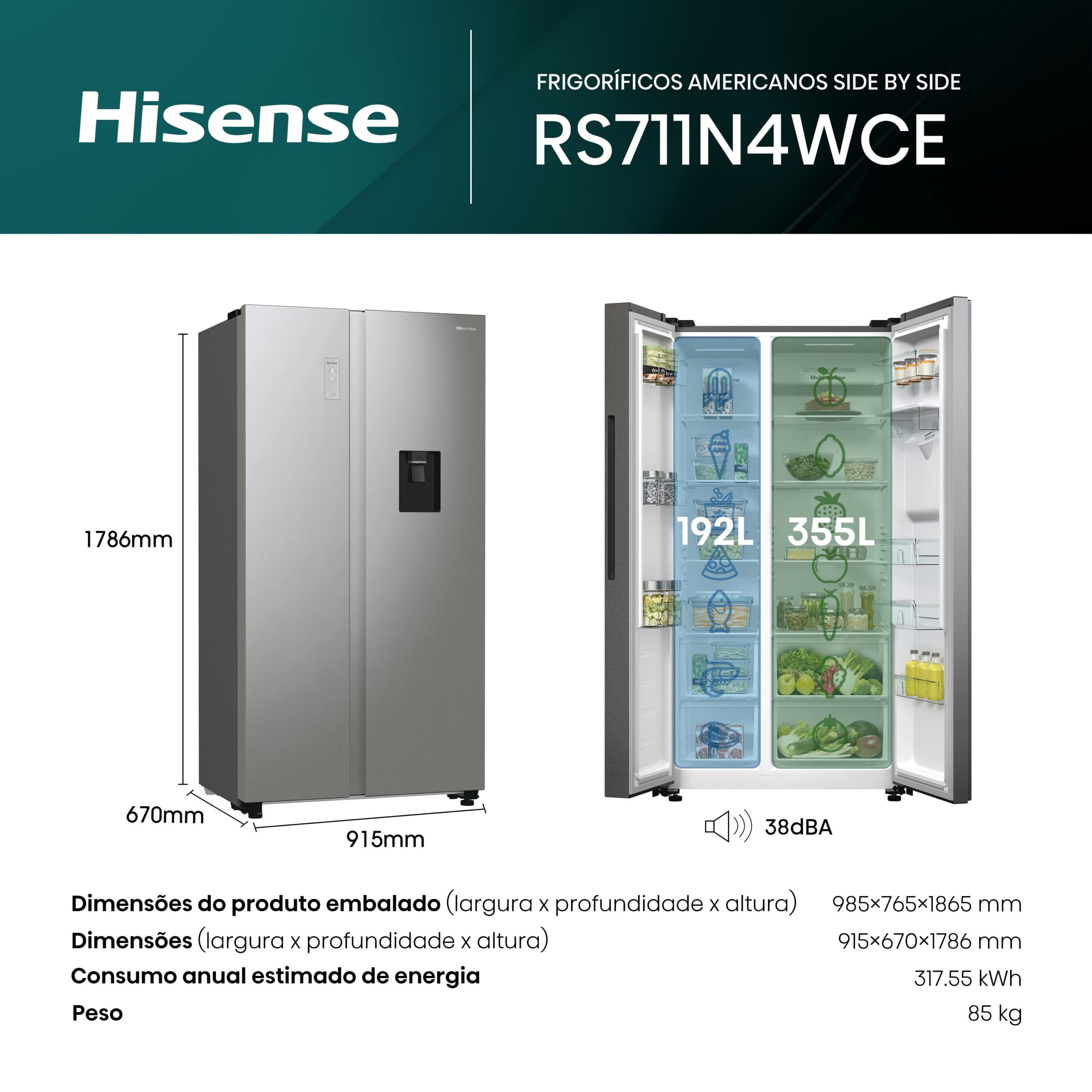 Hisense - RS711N4WCE – Frigorífico Americano Side By Side, Classe E, 547L