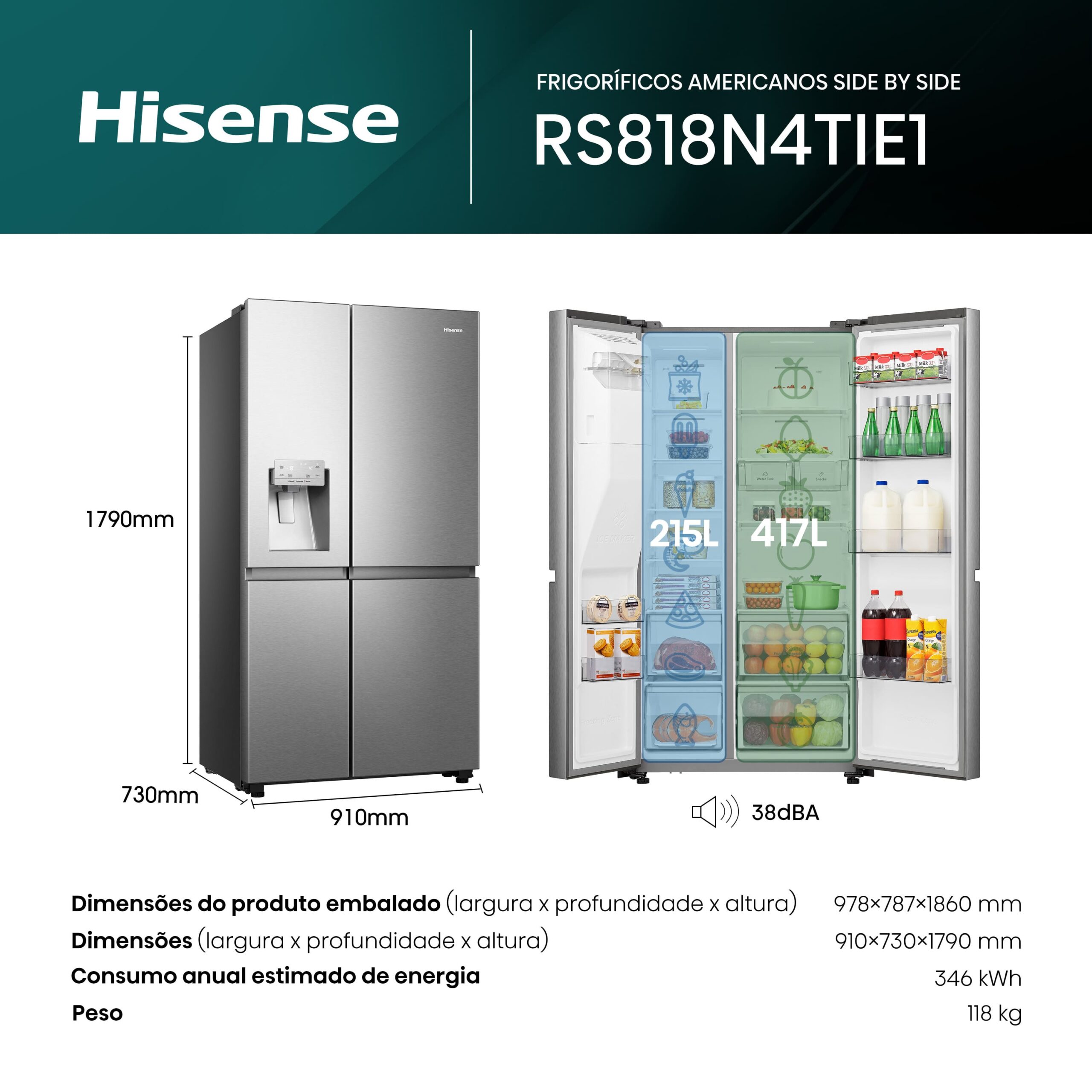 Hisense - RS818N4TIE1 – Frigorífico Americano Side By Side, Classe E, 632L