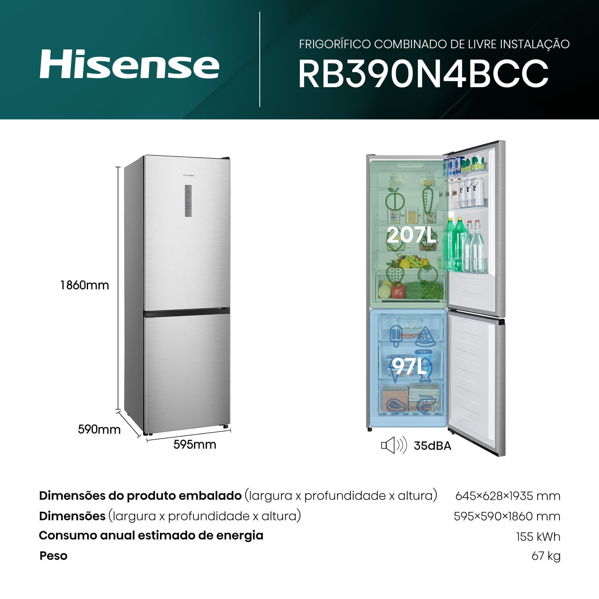 Hisense - RB390N4BCC – Combinado 2 Portas, Classe C; 304L