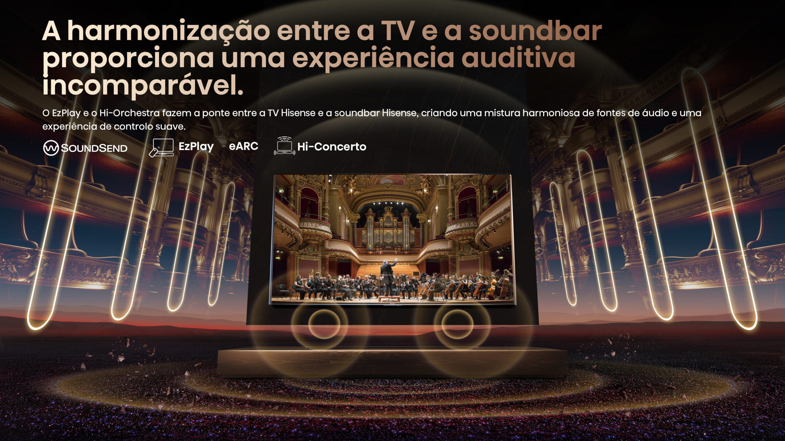 A harmonização entre a TV e a soundbar proporciona uma experiência auditiva incomparável.