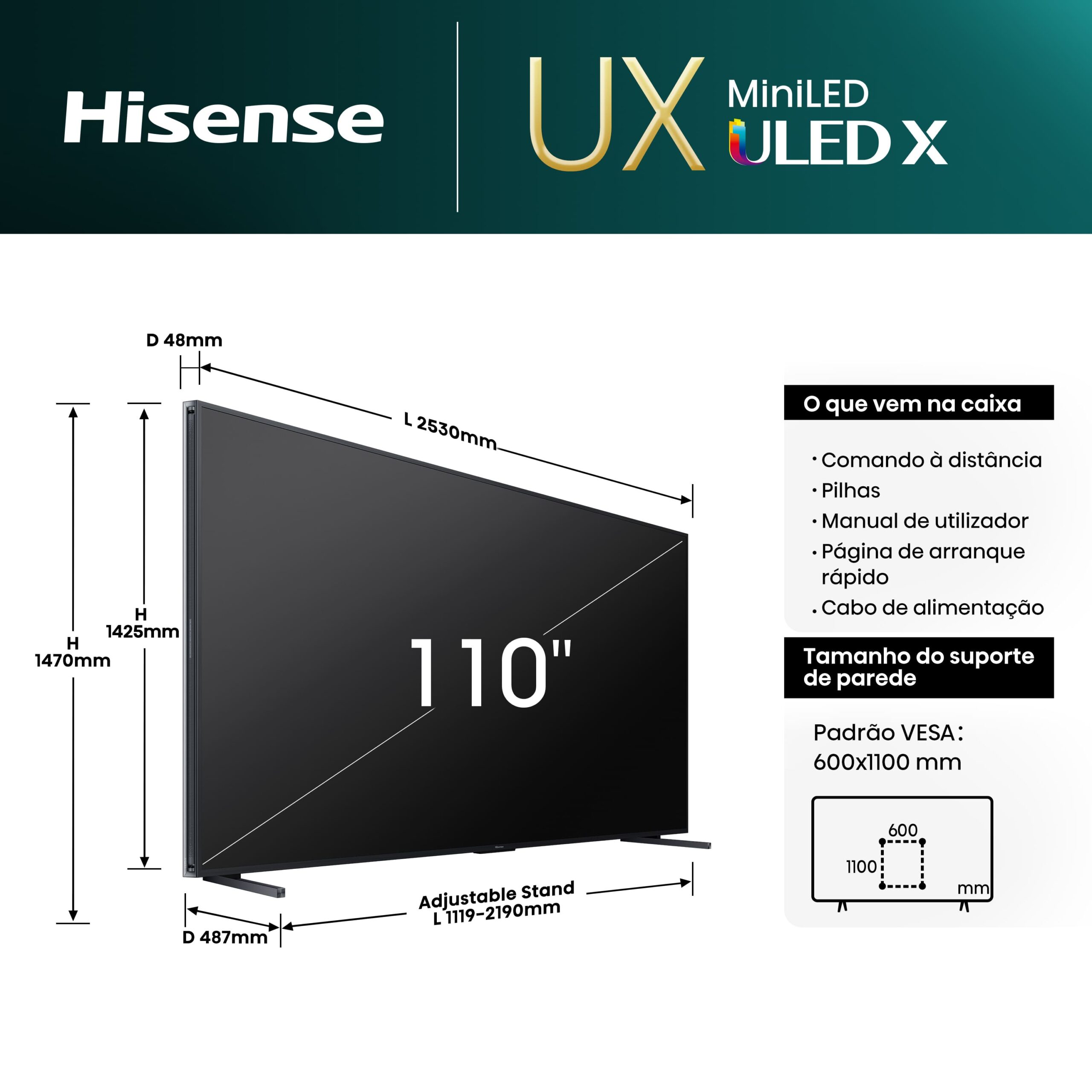 Hisense - Mini-LED TV 110UXNQ, Quantum Dot Colour, +1500 Zonas de controlo, 4.1.2 Som multicanal